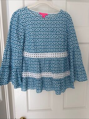 Lilly Pulitzer Blue Printed Bell-Sleeve Blouse with White Trim